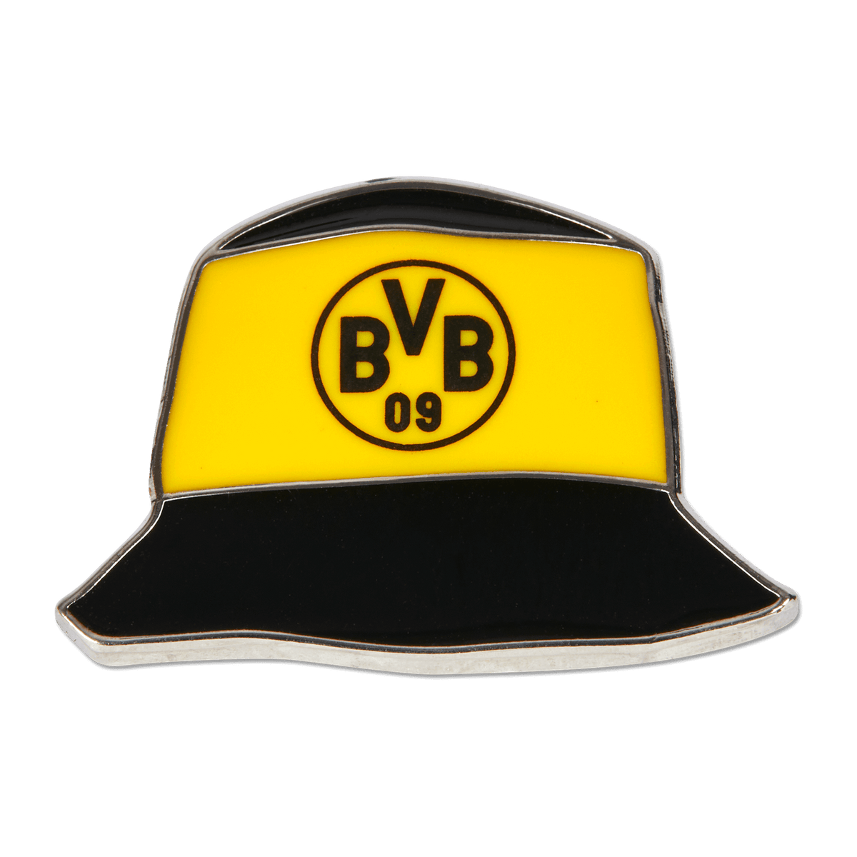 Insignia del BVB en negro y amarillo con forma de gorro de pescador y el logotipo del BVB en el centro, ideal como artículo para aficionados y complemento del Borussia Dortmund.