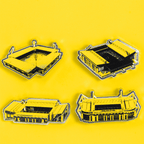 Ein 4er-Set BVB-Pins mit detaillierten Darstellungen des SIGNAL IDUNA PARK in schwarzgelbem Design, perfekt für Borussia Dortmund Fans.