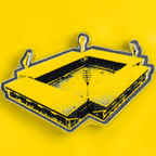 Ein einzelner Pin aus dem BVB 4er-Pin-Set mit einer stilisierten Darstellung des SIGNAL IDUNA PARK in schwarz und gelb auf metallischer Umrandung.