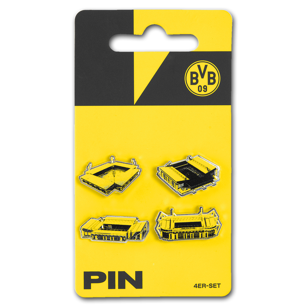 BVB Pin 4er-Set mit Motiven des SIGNAL IDUNA PARKS auf einer schwarzgelben Kartonverpackung. Ein ideales Accessoire für BVB-Fans.