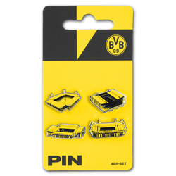 Set di 4 spille del BVB con motivi del SIGNAL IDUNA PARK, confezionate in una scatola di cartone nei colori nero e giallo. Un accessorio ideale per i tifosi del BVB.