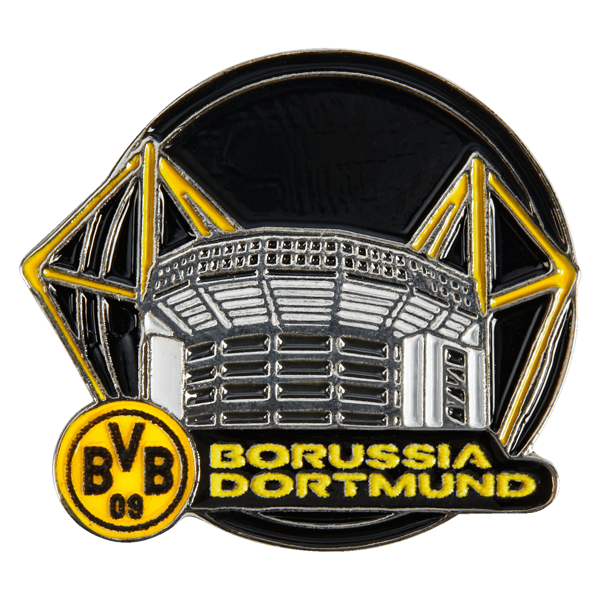 Insignia metálica del BVB del SIGNAL IDUNA PARK con el nombre «Borussia Dortmund» y el escudo en negro y amarillo. Un complemento perfecto para los aficionados.