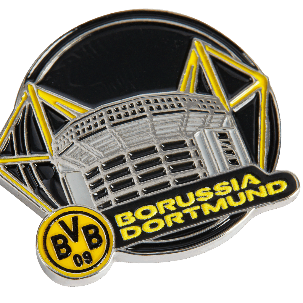 这款黑黄配色的多特蒙德（BVB）别针上印有西格纳尔·伊杜纳公园体育场（SIGNAL IDUNA PARK）的图案和多特蒙德队徽，是多特蒙德球迷的理想周边商品或纪念品。