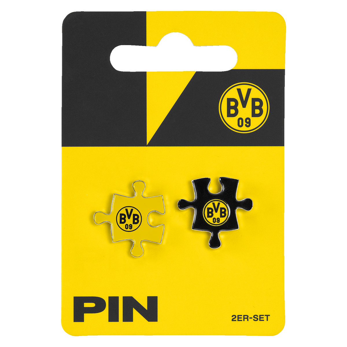 BVB Pin-Set bestehend aus zwei Puzzles in schwarzgelb mit BVB-Emblem, präsentiert auf einer passenden Verpackung in Vereinsfarben.