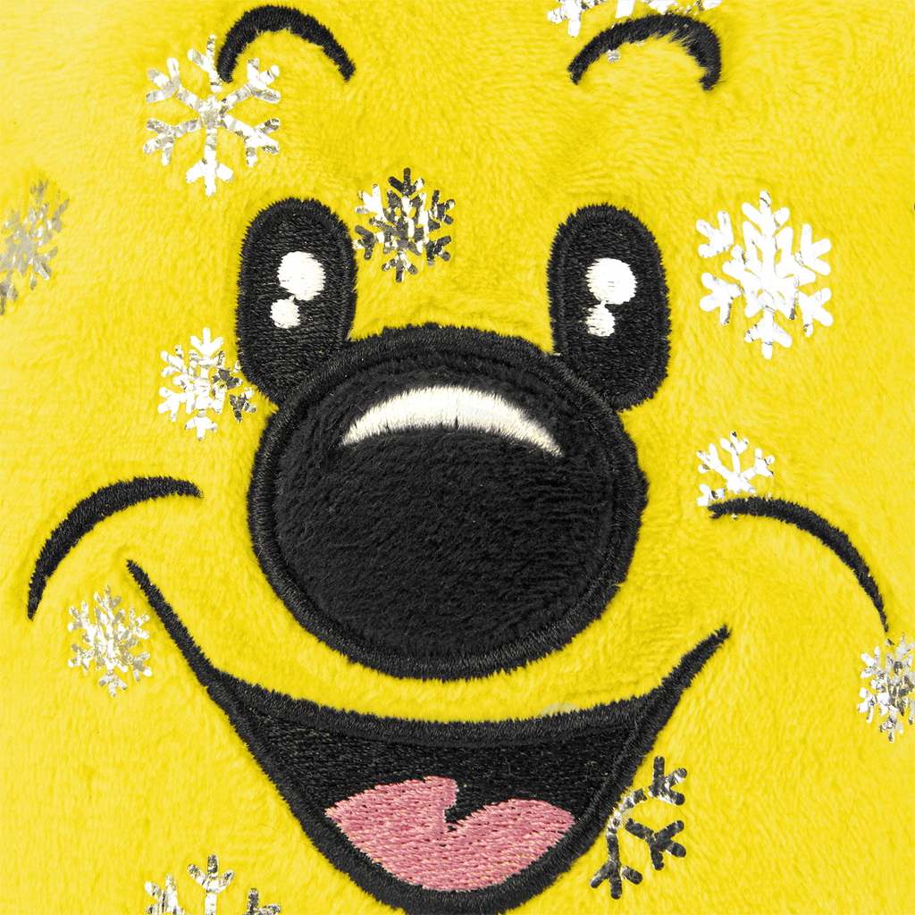 Cappellino del BVB di un giallo brillante con una faccina allegra e un motivo a fiocchi di neve, che sa ballare e cantare. Un accessorio divertente per gli appassionati di calcio.