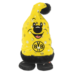 Alegre gorro amarillo de baile del BVB con una carita y el logotipo del BVB, decorado con copos de nieve y un pompón negro, ideal para el invierno y para los aficionados del Borussia Dortmund.