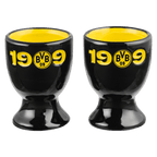 一套两只黑色和黄色相间的多特蒙德（BVB）鸡蛋杯，印有俱乐部徽标和“1909”字样，是理想的球迷纪念品或礼物。