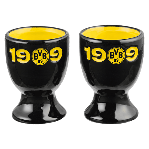 Set of 2 black-and-yellow BVB egg cups featuring the club logo and the number 1909—perfect as fan merchandise or a gift.