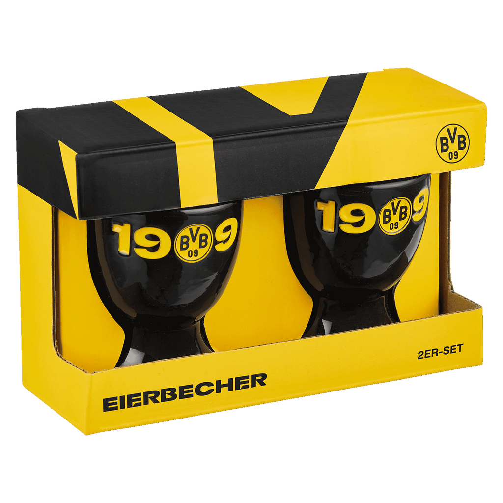 一套2个的BVB蛋杯，黑黄配色，印有“1909”字样和BVB标志，是绝佳的球迷纪念品或礼物，包装精美。