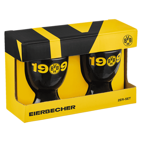 Set of 2 BVB egg cups in black and yellow with "1909" and the BVB logo, ideal as fan merchandise or a gift, in attractive packaging.