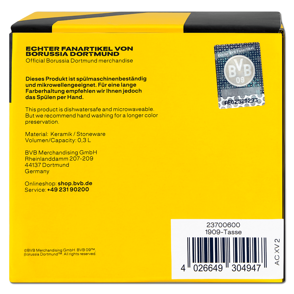 Tasse en céramique aux couleurs du BVB (noir et jaune) avec le logo du BVB, adaptée au micro-ondes et au lave-vaisselle, capacité de 0,3 L