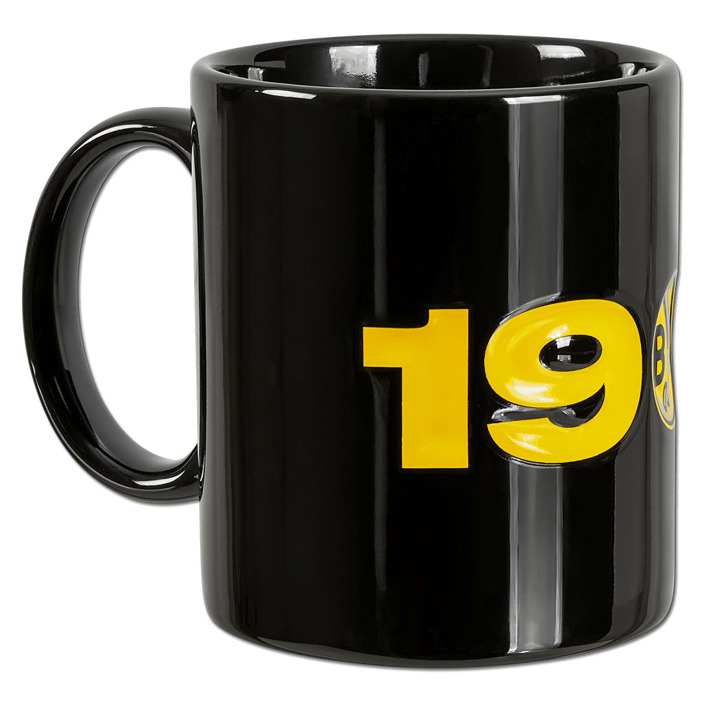 Tasse noire en céramique du BVB, ornée de l'inscription « 1909 » en jaune, idéale pour les supporters du Borussia Dortmund.