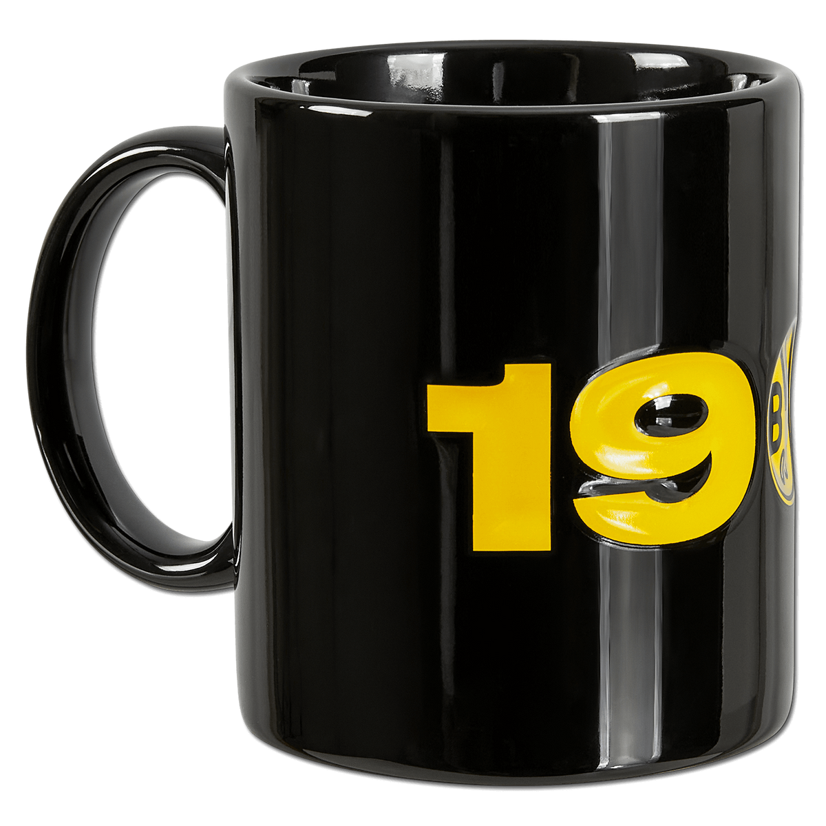 Tasse noire en céramique du BVB, ornée de l'inscription « 1909 » en jaune, idéale pour les supporters du Borussia Dortmund.