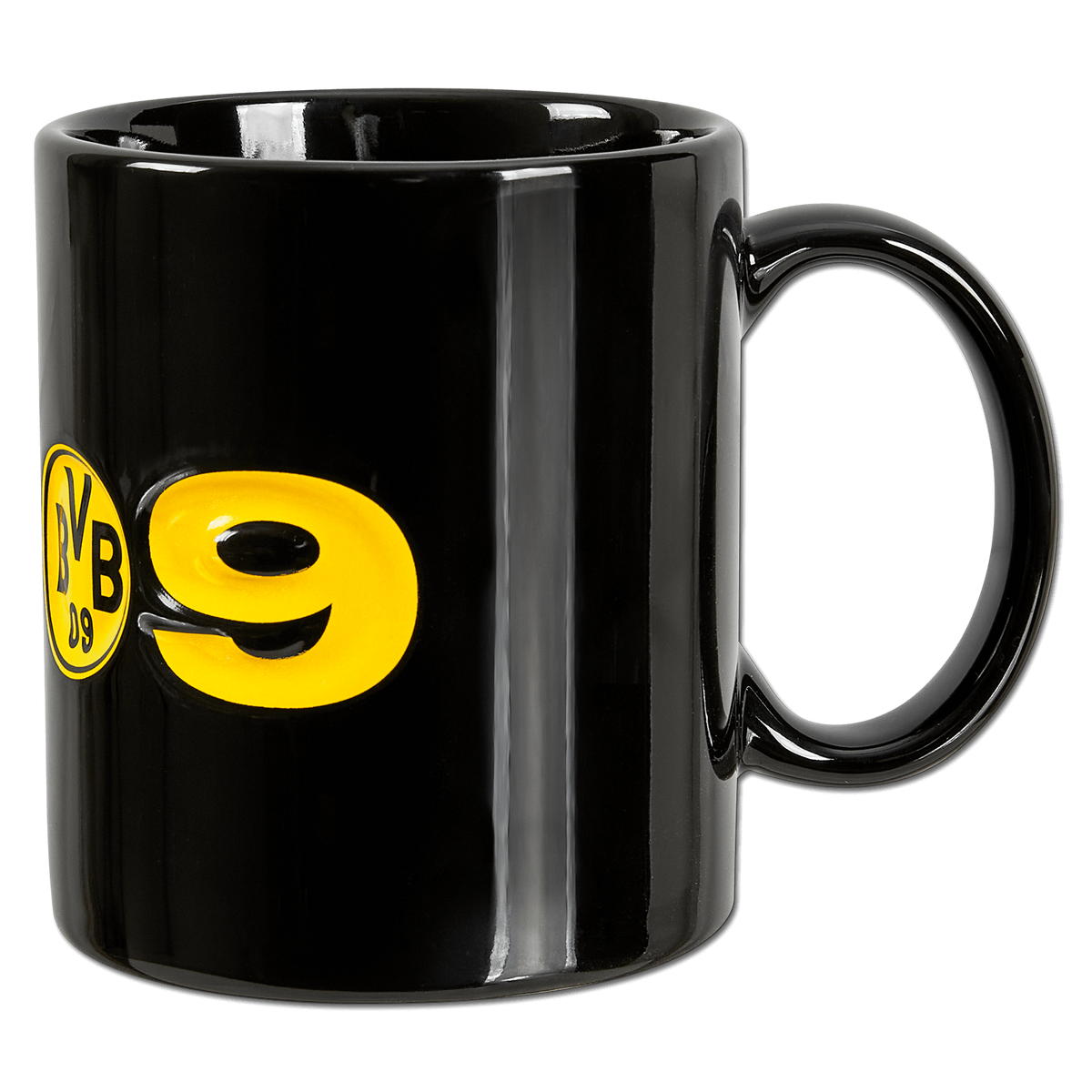 Tasse BVB 09 de couleur noire, ornée du logo BVB jaune et du chiffre 09, idéale pour les supporters du Borussia Dortmund.