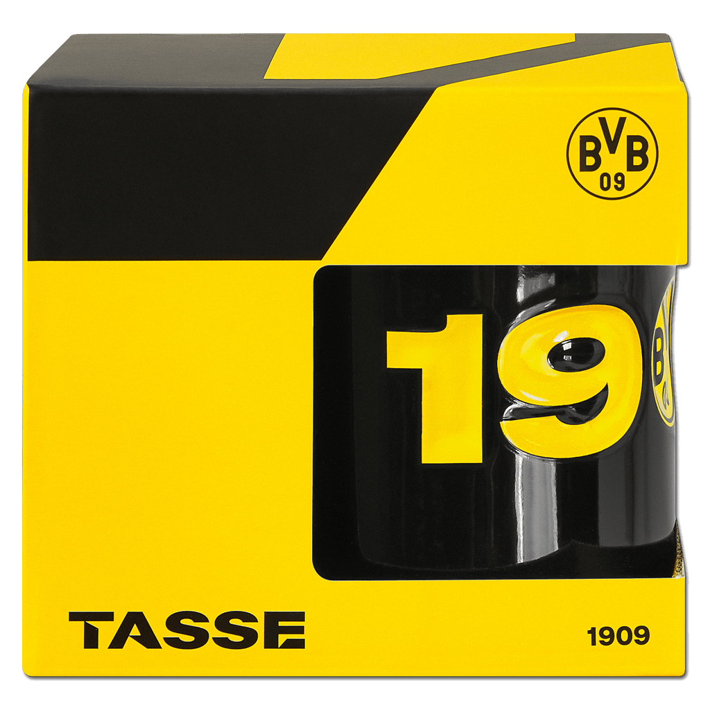 Tasse BVB noir et jaune portant l'inscription « 1909 » et le logo du BVB, présentée dans un coffret cadeau assorti.