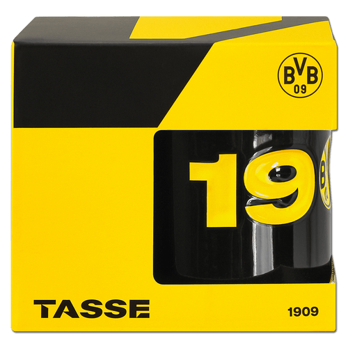 Schwarzgelbe BVB-Tasse mit der Aufschrift 1909 und BVB-Logo, verpackt in einer passenden Geschenkbox.