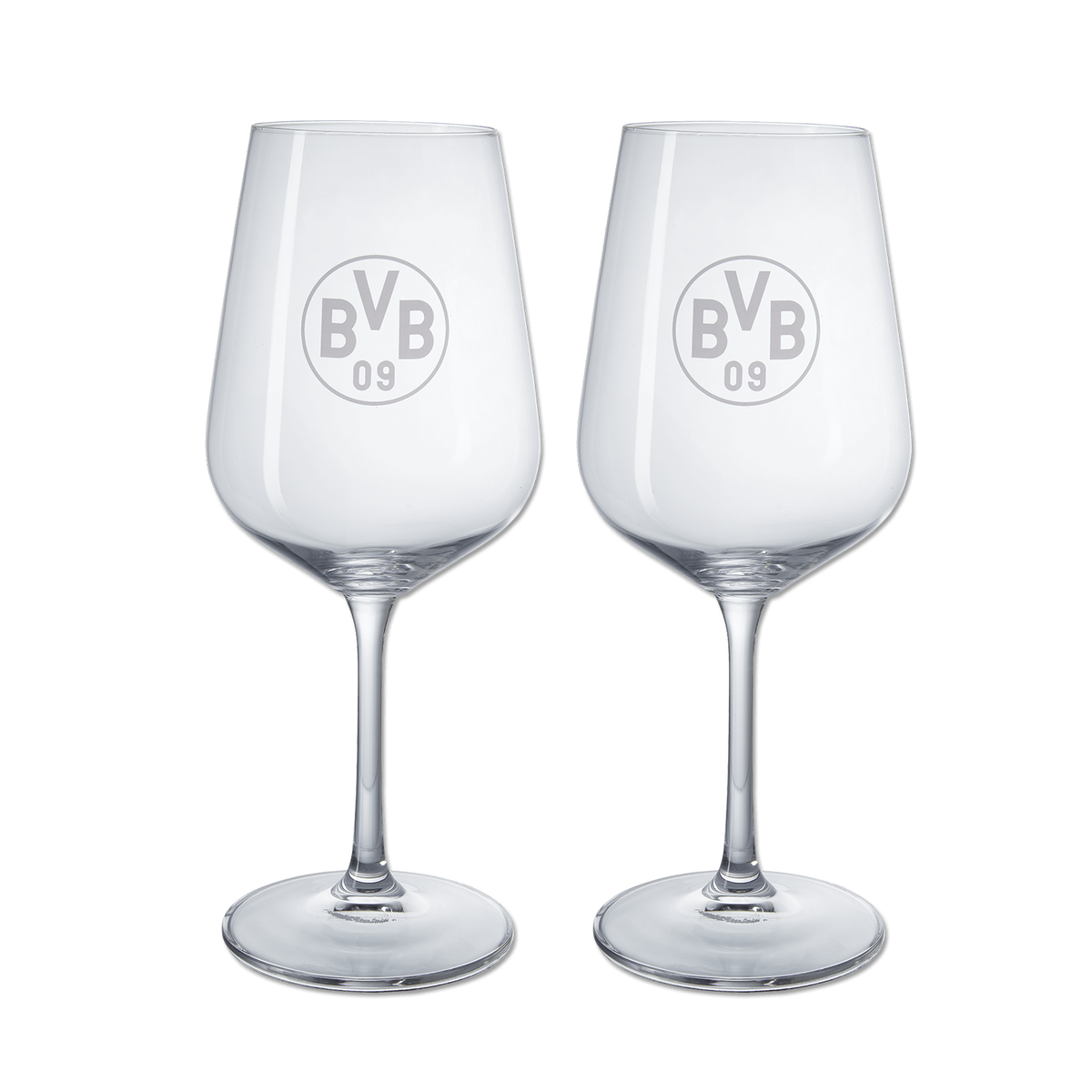BVB Weinglas im 2er-Set aus klarem Glas mit eingraviertem BVB 09-Logo, perfekt als stilvolles Fan-Accessoire.