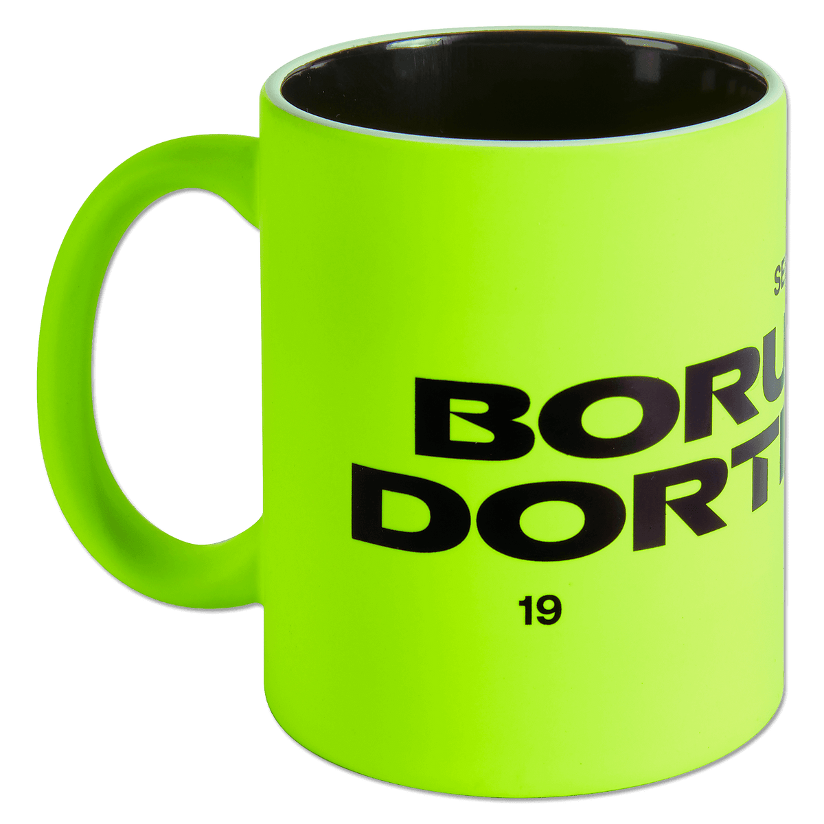 Tazza del BVB giallo neon con interno nero e grande scritta "Borussia Dortmund"; perfetta per i tifosi della squadra.