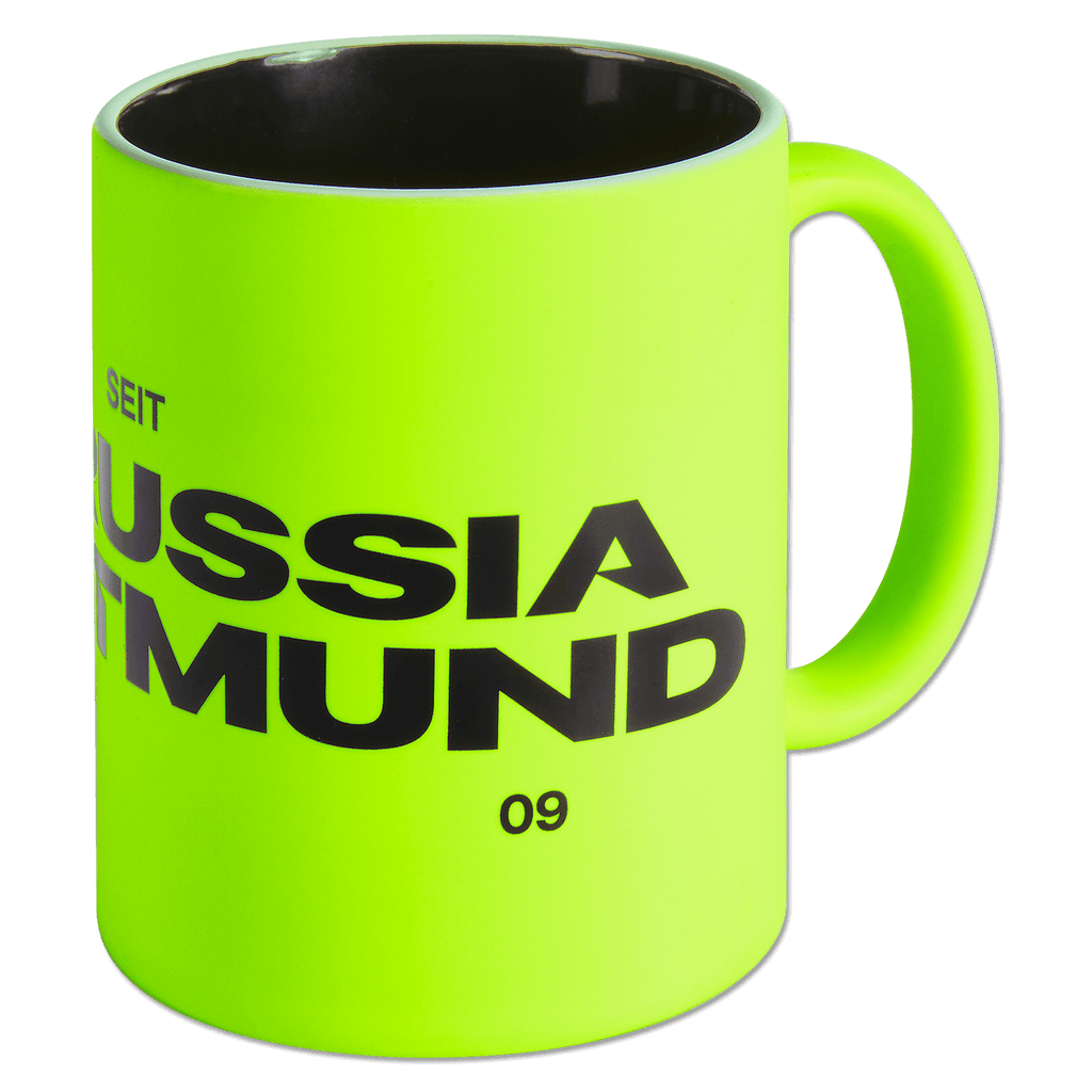 Tazza del BVB giallo neon con la scritta “Borussia Dortmund” in nero e interno nero, perfetta come gadget per i tifosi o come regalo.