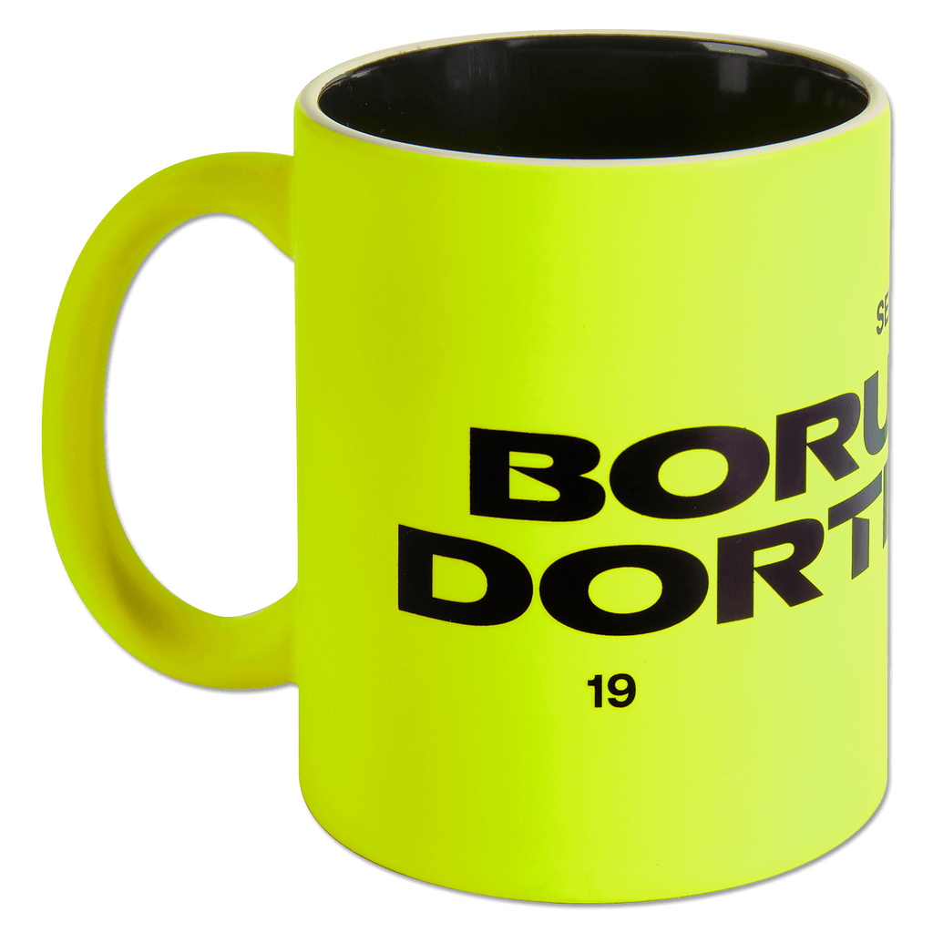 Tazza del BVB giallo neon con la scritta nera "BORUSSIA-DORTMUND", ideale per i tifosi del Borussia Dortmund. Un accessorio perfetto per l'uso quotidiano.
