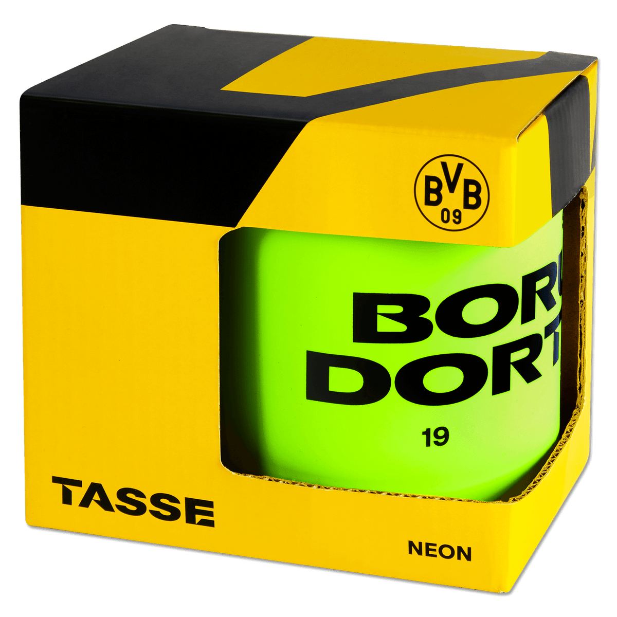 Tazza BVB Neon dai colori vivaci con la scritta “Borussia Dortmund”, il logo BVB e i colori sociali nero e giallo, in un'elegante confezione regalo.