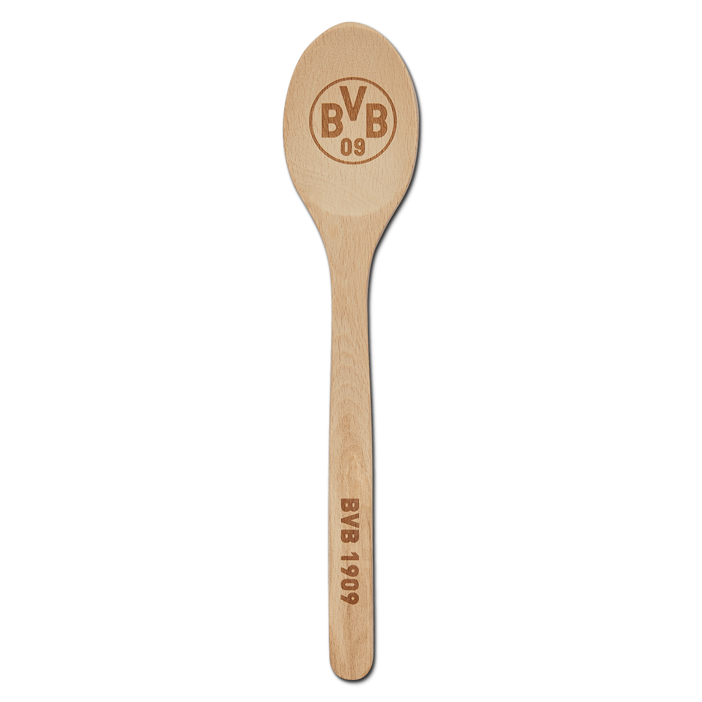 Cuillère de cuisine en bois avec le logo BVB 09 gravé sur la face de la cuillère et l'inscription « BVB 1909 » sur le manche, idéale pour les supporters du Borussia Dortmund.