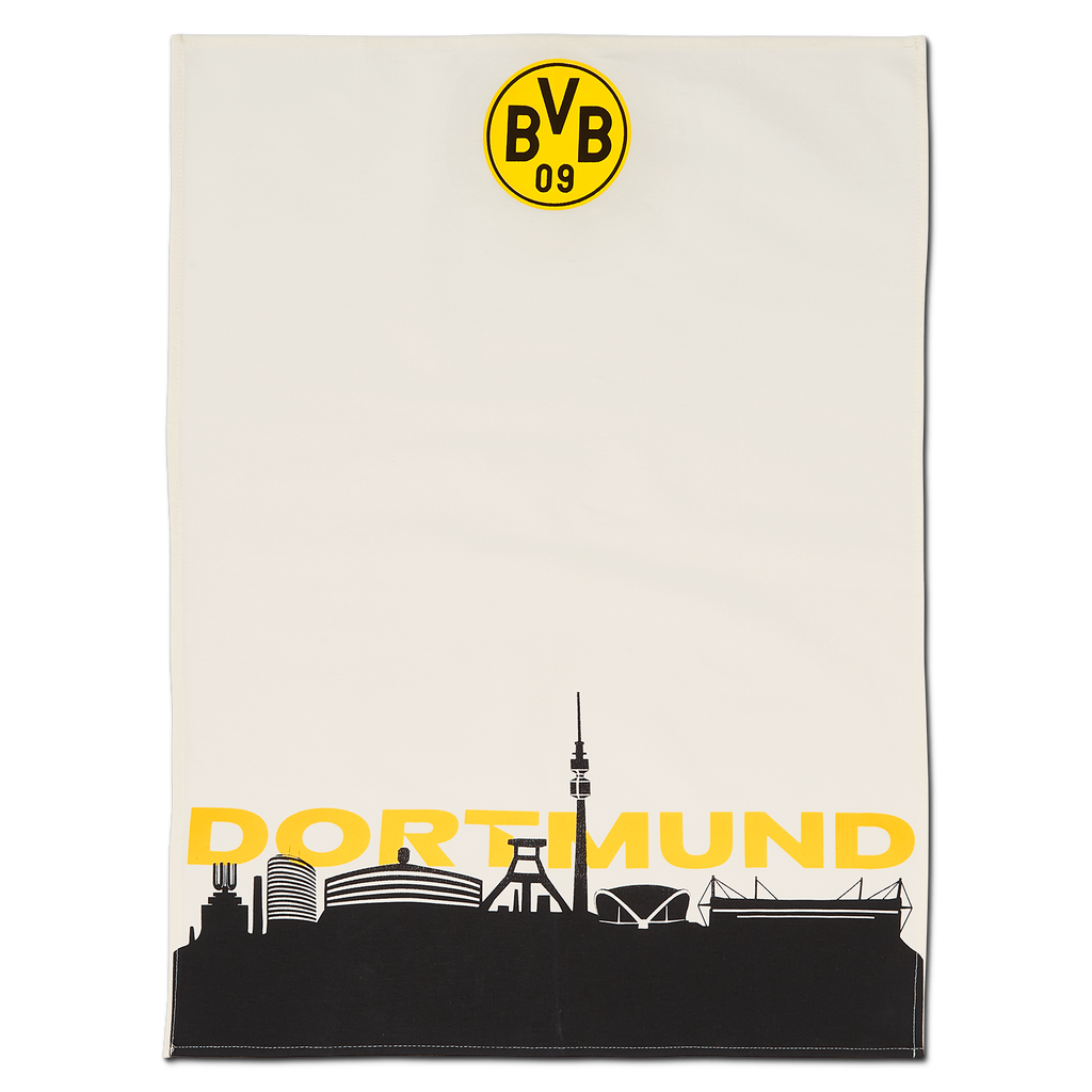 Serviette blanche du BVB ornée de la silhouette de Dortmund en noir et jaune et de l'emblème « BVB 09 », idéale pour les supporters du club.