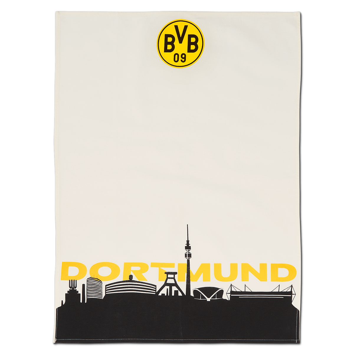 Serviette blanche du BVB ornée de la silhouette de Dortmund en noir et jaune et de l'emblème « BVB 09 », idéale pour les supporters du club.