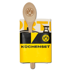 Set de cuisine BVB aux couleurs noir et jaune, comprenant une cuillère en bois avec le logo du BVB et un torchon à thème. Idéal pour les cuisines de fans et les amateurs du Borussia Dortmund.