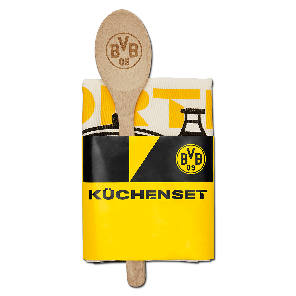 Set de cuisine BVB aux couleurs noir et jaune, comprenant une cuillère en bois avec le logo du BVB et un torchon à thème. Idéal pour les cuisines de fans et les amateurs du Borussia Dortmund.
