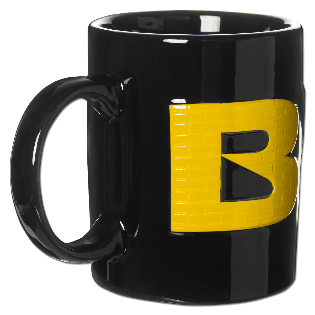 Schwarzgelbe BVB 3D-Tasse mit markantem erhabenen Buchstaben B auf schwarzem Hintergrund, ideal für Fans von Borussia Dortmund.