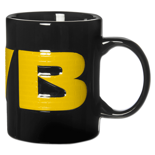 Schwarze BVB 3D-Tasse mit auffälligem gelbem Logo, ideal für Fans von Borussia Dortmund.