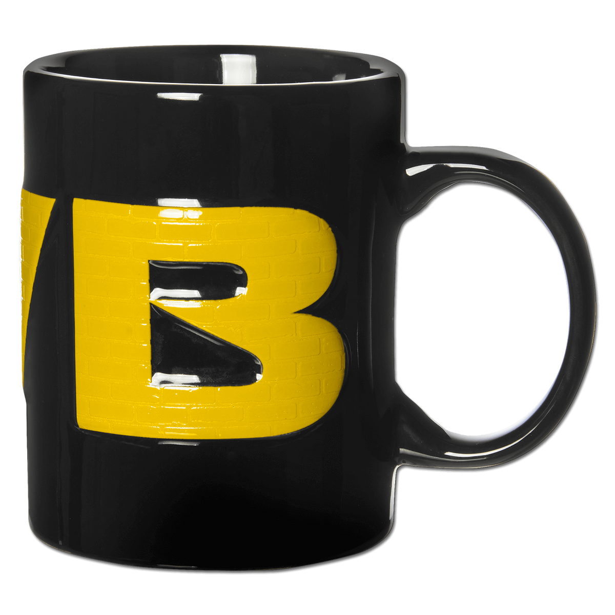 Schwarze BVB 3D-Tasse mit auffälligem gelbem Logo, ideal für Fans von Borussia Dortmund.