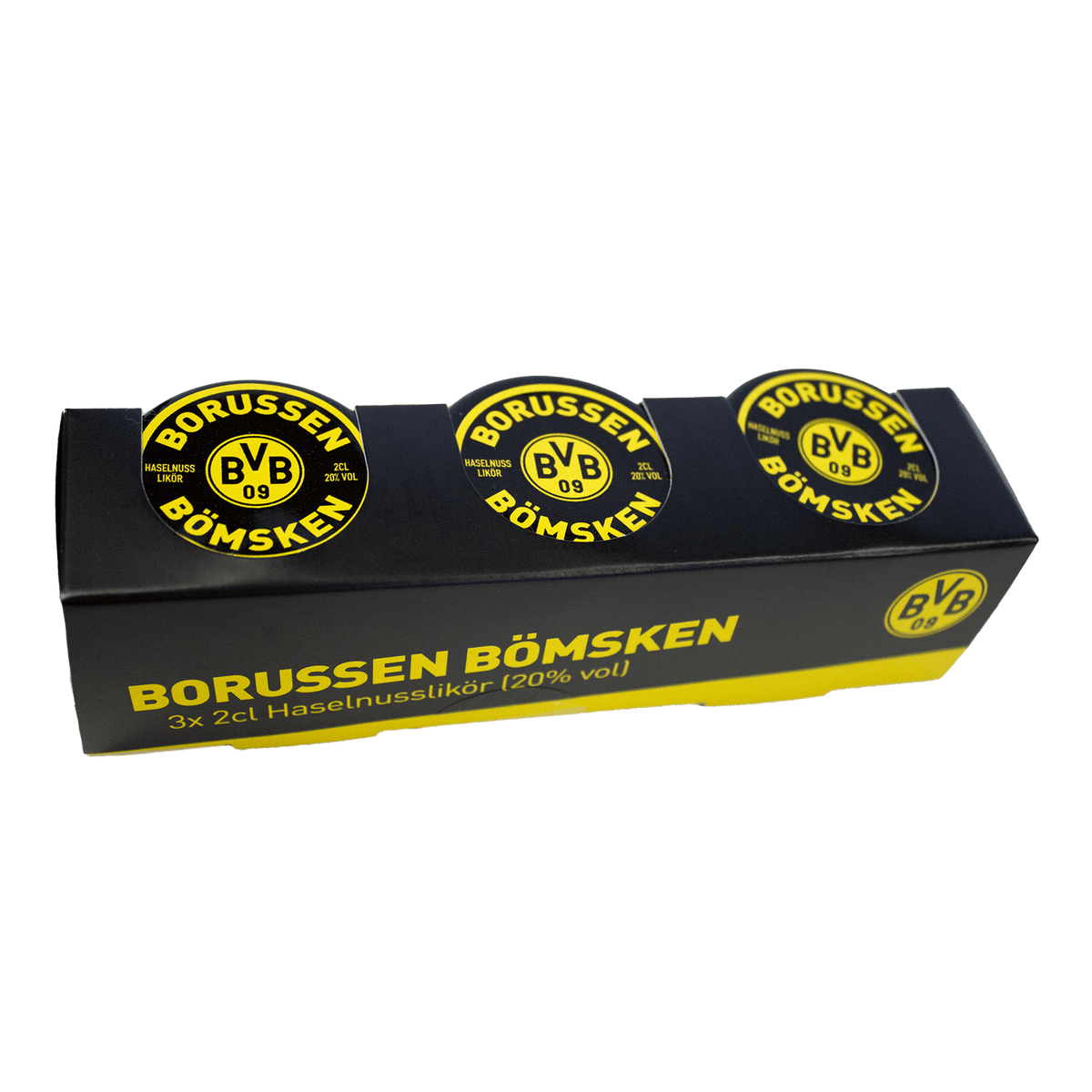Lot de 3 bouteilles de liqueur de noisette Borussen Bömsken (20 % vol) dans un emballage noir et jaune attrayant arborant le logo du BVB en grand format, idéal comme cadeau ou article pour les supporters.