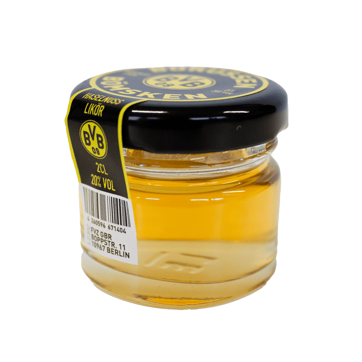 Petite bouteille de 2 cl de liqueur de noisette BVB, avec un bouchon noir et une étiquette aux couleurs noir et jaune, idéale comme produit dérivé ou comme cadeau.