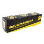 Borussen Bömsken : lot de 3 bouteilles de 2 cl de liqueur de noisette (20 % vol) dans un emballage décoratif noir et jaune arborant le logo du BVB, idéal comme cadeau pour les supporters.