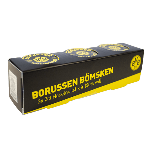 Borussen Bömsken: 3er Pack 2cl Haselnusslikör (20% vol) in einer dekorativen schwarzgelben Verpackung mit BVB-Logo, ideal als Geschenk für Fans.