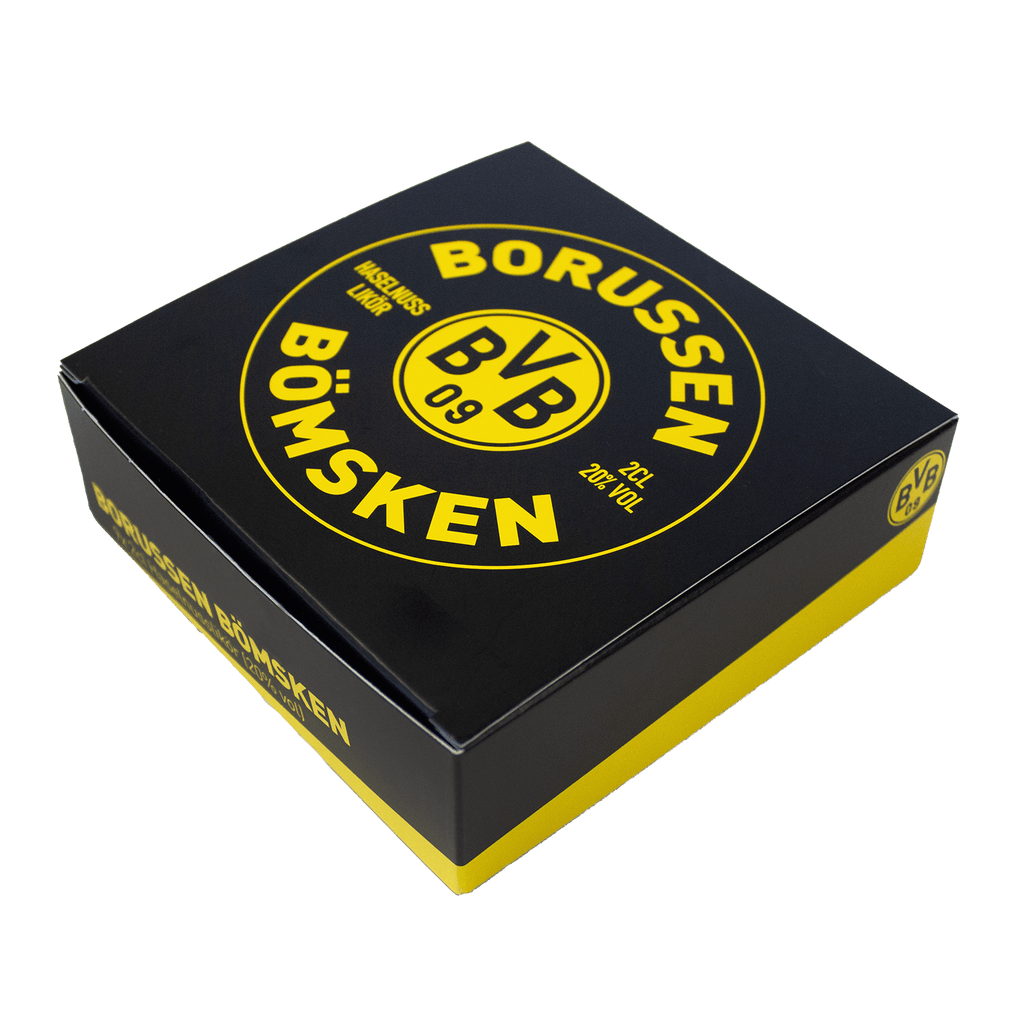 Confezione regalo nera e gialla con liquore alle nocciole "Borussen Bömsken", confezione da 9 bottiglie, logo BVB 09 e gradazione alcolica del 20% vol. – ideale come articolo da tifoso o regalo per i tifosi del Borussia Dortmund.