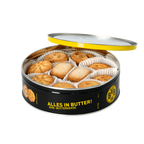 Black, round BVB cookie jar with the lid open, filled with assorted butter cookies in white paper liners, featuring a yellow border and the BVB emblem.