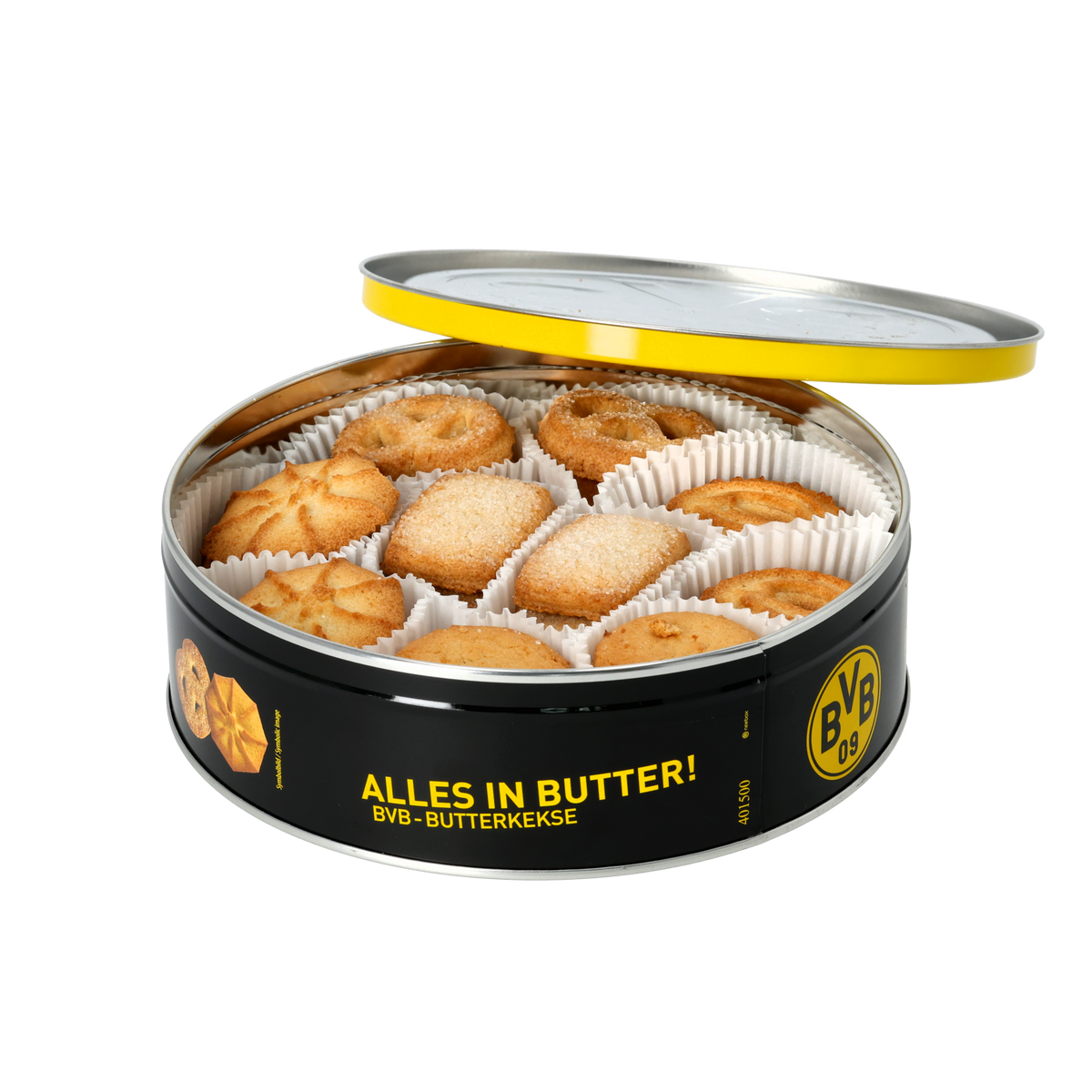 Schwarze runde BVB-Keksdose mit geöffnetem Deckel, gefüllt mit unterschiedlichen Butterkeksen in weißen Papierförmchen, gelber Rand und BVB-Emblem.