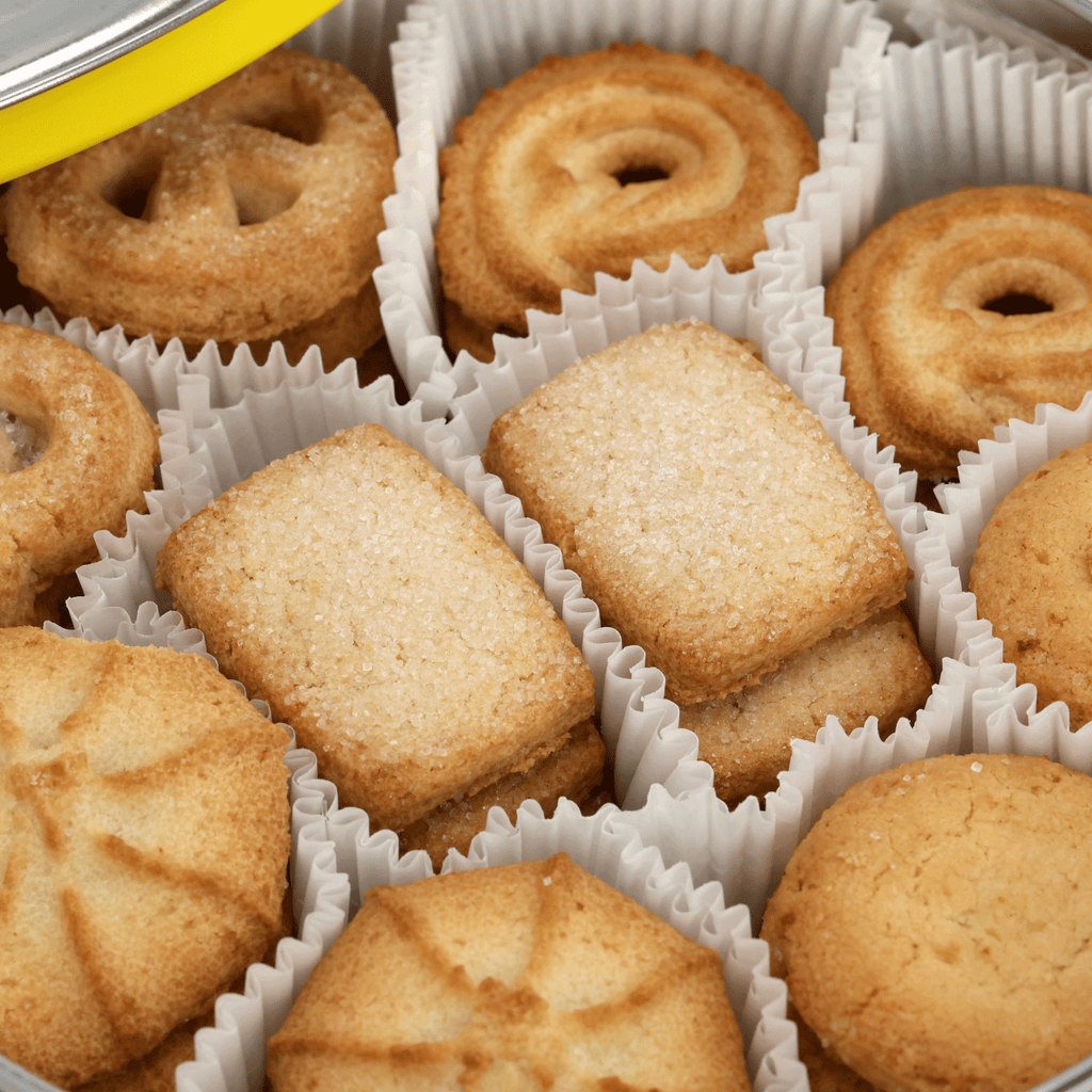 A package containing 340g of BVB butter cookies in various shapes, ideal as a snack or to accompany other baked goods.