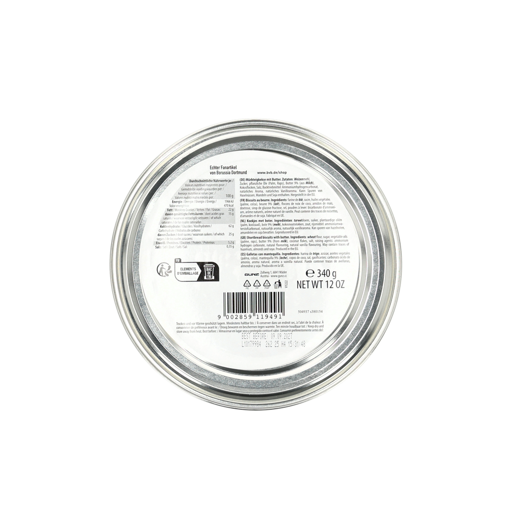 Round BVB butter cookie tin with a 340g capacity, featuring detailed information on the back about ingredients, nutritional information, and shelf life.