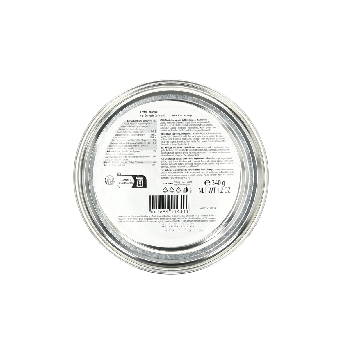 Round BVB butter cookie tin with a 340g capacity, featuring detailed information on the back about ingredients, nutritional information, and shelf life.