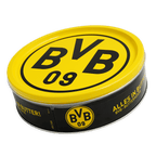 A black-and-yellow cookie jar featuring the BVB 09 logo and the phrase "Alles in Butter!", filled with butter cookies as a fan item.