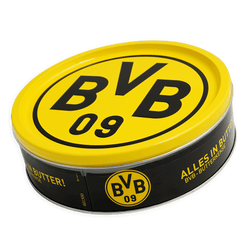 黑色和黄色相间的饼干罐，印有BVB 09标志和“一切顺利！”字样，内装黄油饼干，作为球迷纪念品。