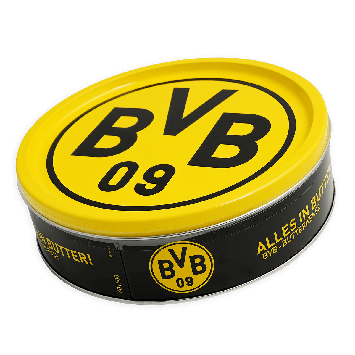 Keksdose in Schwarzgelb mit BVB 09 Logo und der Aufschrift 'Alles in Butter!', gefüllt mit Butterkeksen als Fanartikel.