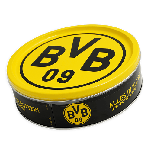 Keksdose in Schwarzgelb mit BVB 09 Logo und der Aufschrift 'Alles in Butter!', gefüllt mit Butterkeksen als Fanartikel.