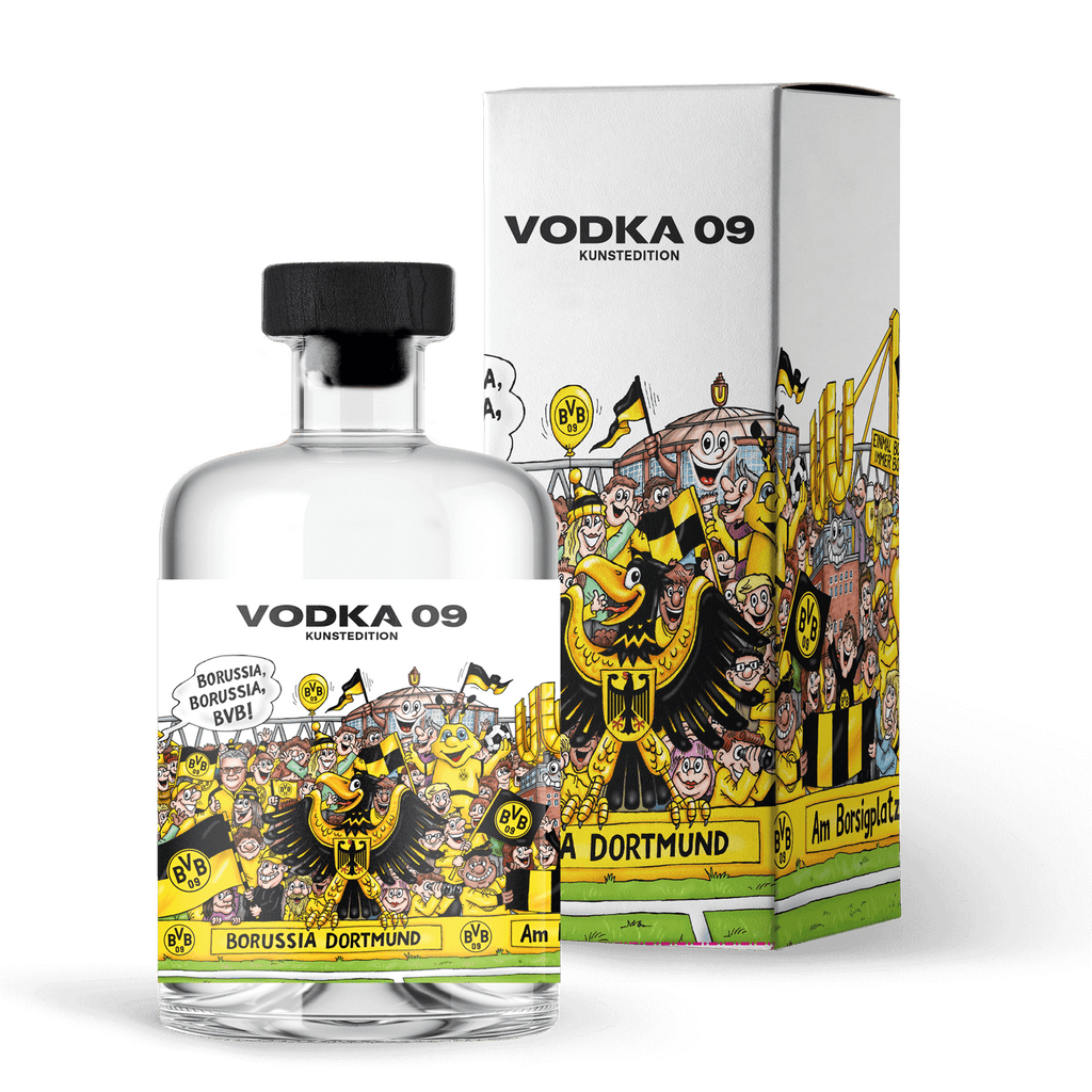 BVB Vodka 09 nell'edizione artistica, con un esclusivo design a fumetti nei colori nero e giallo e un accattivante logo del BVB, completa di confezione decorativa.