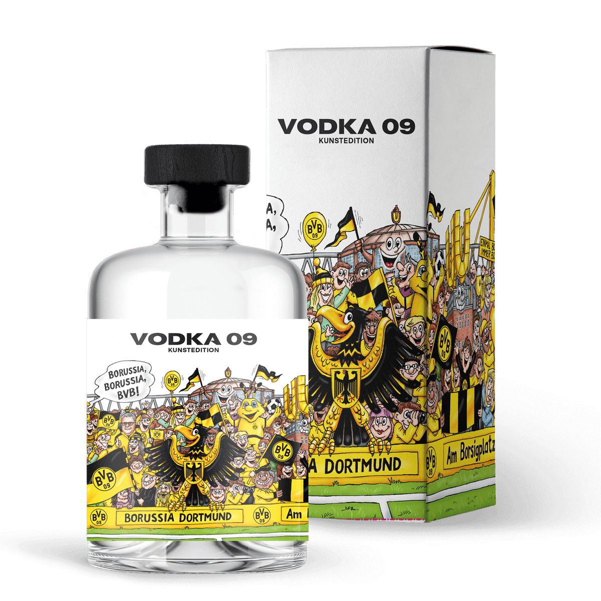 BVB Vodka 09のアートエディション。ユニークな黒と黄色のコミック風デザインと目を引くBVBロゴが特徴で、装飾的なパッケージ付き。