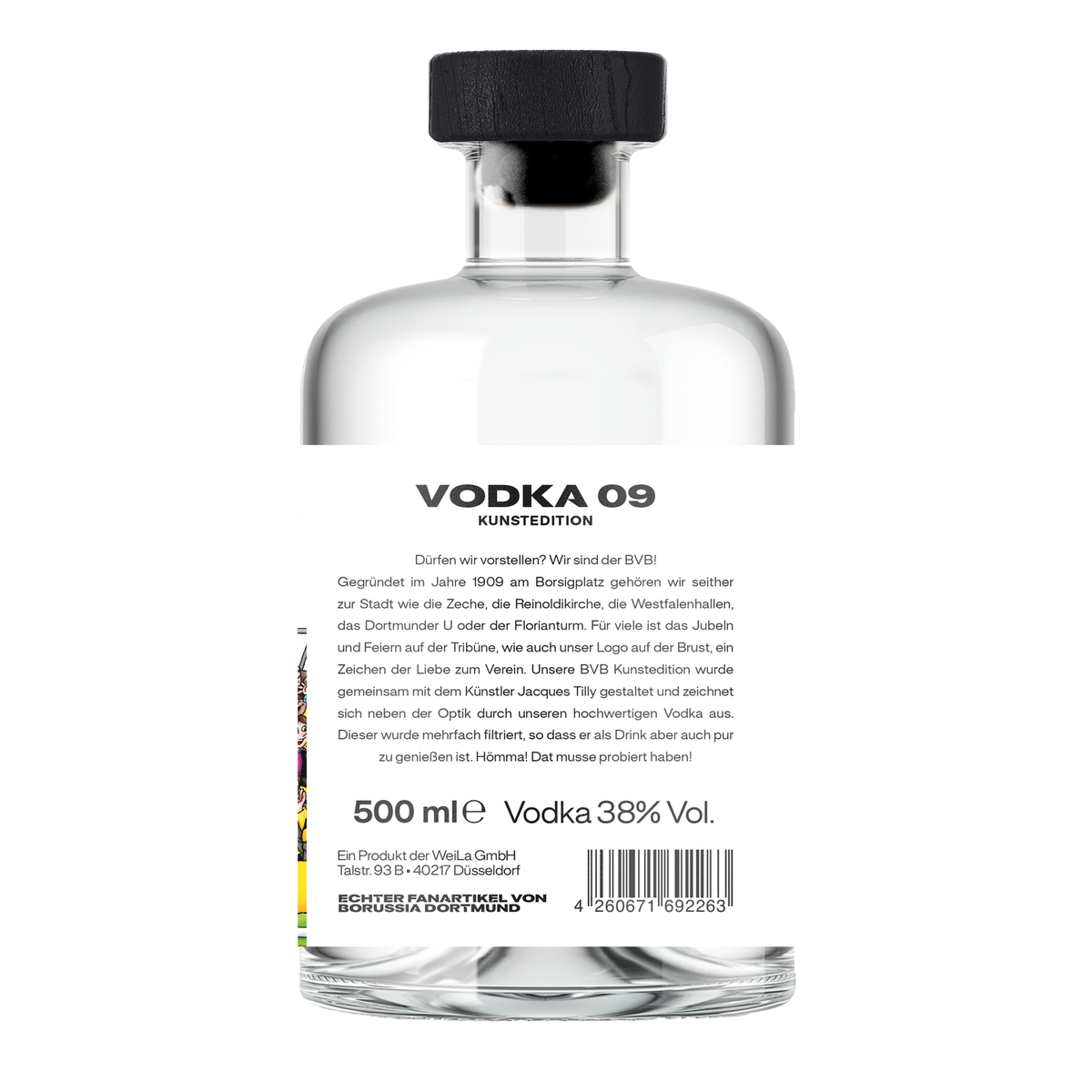 Bottiglia di vodka BVB 09 edizione artistica con gradazione alcolica del 38%, capacità di 500 ml, design elegante e tappo nero, merchandising ufficiale del Borussia Dortmund.